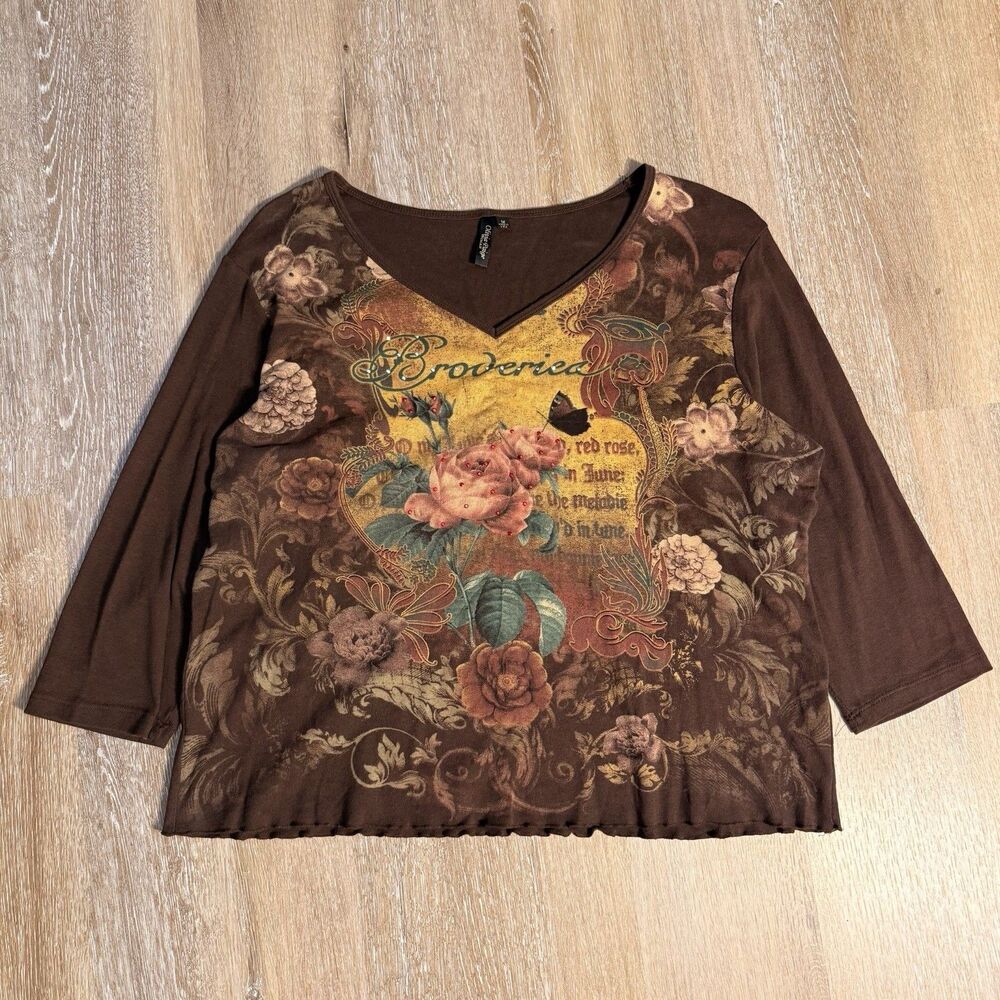 Olivia Paige Women's Floral Brown Graphic Long Sleeve Shirt Size 1X Y2K Grunge